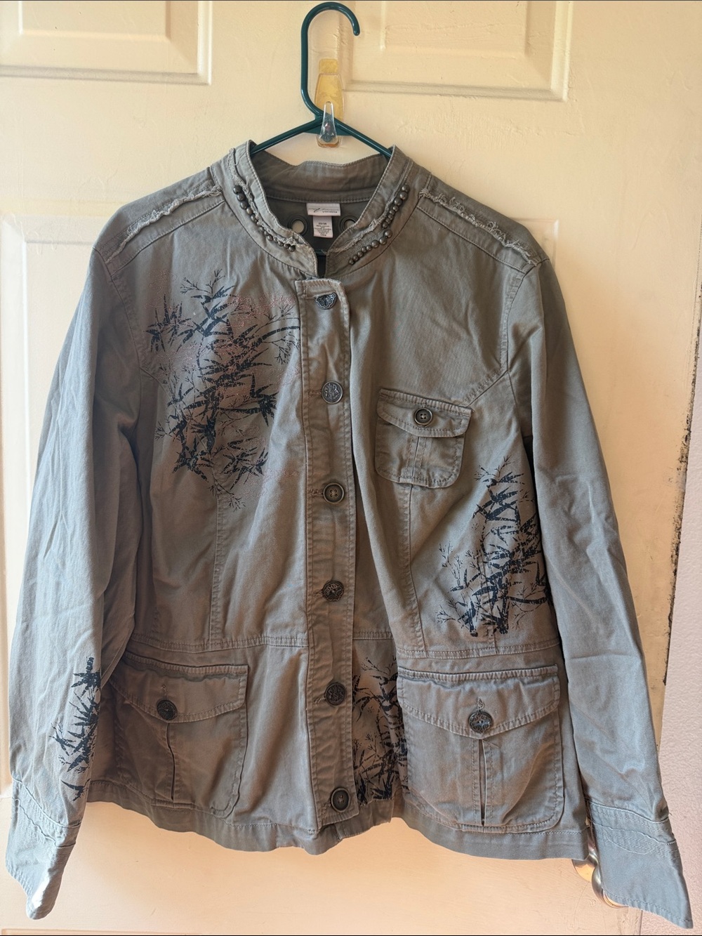 Venezia Y2K Olive Green Military Jacket with Dark Botanical Print